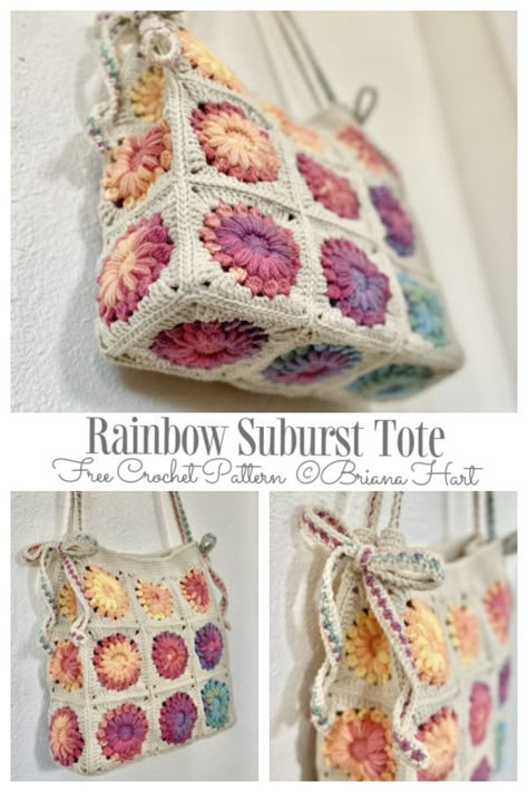 Rainbow Sunburst Granny Squares Bag Free Crochet Patterns Rainbow Sunburst Tote, Crocheting Ideas Clothes, Macrame Granny Square, Granny Bag Crochet Pattern, Crochet Bag With Fringe, Crotchet Bags Patterns Free, Crochet Different Granny Squares, Granny Square Crochet Pattern Purse, Crochet Granny Purse