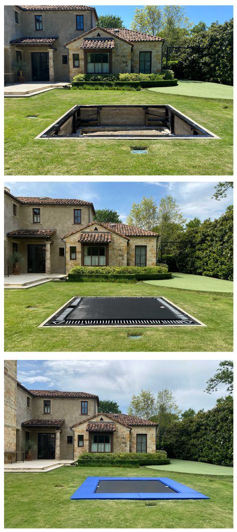 In Ground Trampoline Ideas, Ground Level Trampoline, Inground Trampoline Diy, Inground Trampoline Landscaping, Built In Trampoline Ground Level, I Ground Trampoline, In Ground Trampoline Landscape, Diy In Ground Trampoline, Diy Inground Trampoline