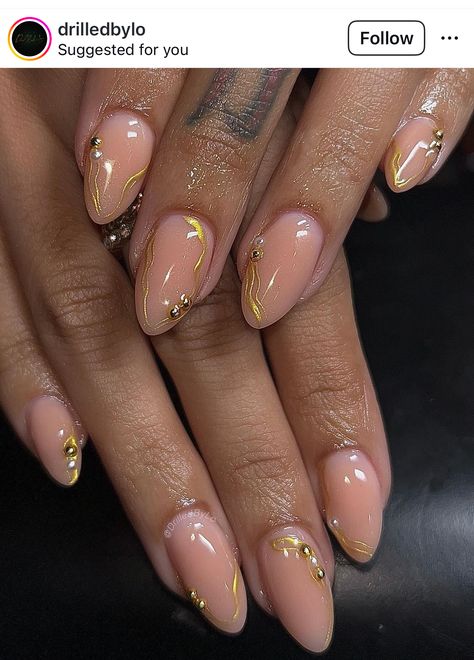 Nail Design With Foil Flakes, Clear Nails With Foil Flakes, Sheer Nail Designs, Nail Designs Gold, Simple Gel Nail Designs, Gold Accent Nails, Grad Nails, Neutral Nails Acrylic, Gold Accent Nail