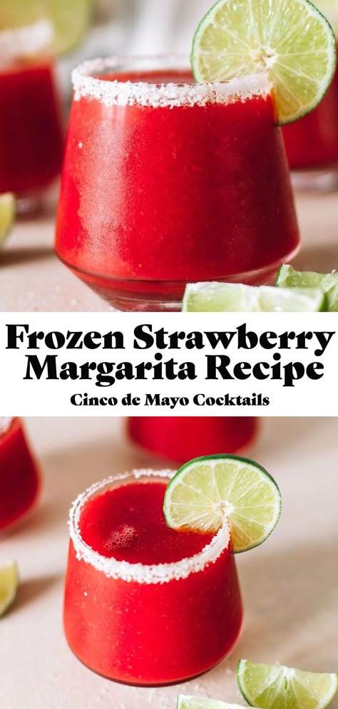 This Frozen Strawberry Margarita recipe is SO addicting for Cinco de Mayo, each sip is incredibly smooth and filled with bright strawberry flavor with the most subtle hint of tequila. They truly taste like an adult summer slushy and they’re made with only four simple ingredients (you won’t find a can of limeade here!) and under 200 calories a serving! Strawberry Margarita Mocktail Recipe, Alcohol Drink Recipes For A Party, Strawberry Margaritas Frozen, Pitcher Strawberry Margarita Recipe, Blended Strawberry Margarita Recipe, Simple Strawberry Margarita Recipe, Cinco De Mayo Margarita Ideas, Margarita Recipes Blended, Good Margarita Recipe