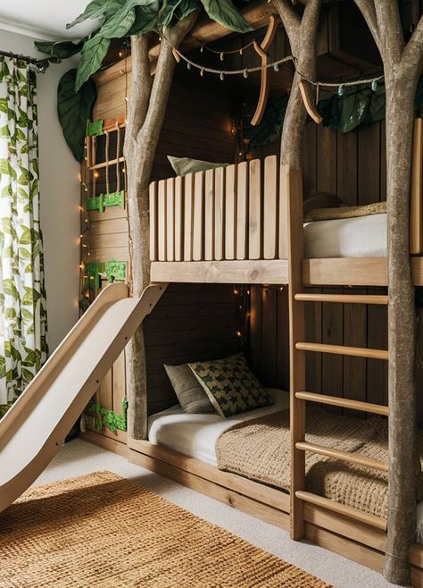 Into the Wild: 20 Jungle-Inspired Kids Room Ideas - Various Loft Kids Tree House Bed, Kids Treehouse Bed, Treehouse Bunk Beds, Playroom Bunk Beds, Dinosaur Bedroom Ideas For Boys, Kids Room With Bunk Bed, Lodge Bunk Beds, Fairy Room Ideas Kids, Loft Bed Kids Room