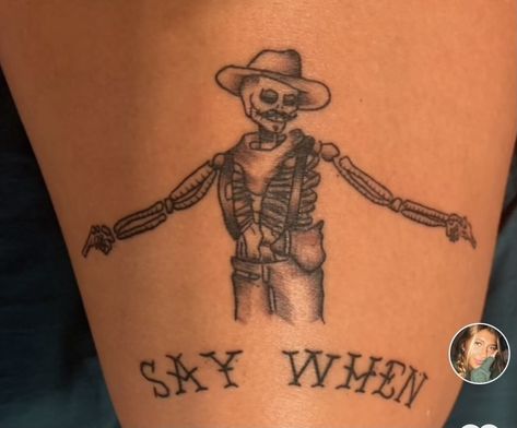 Grunt Style Tattoo, Country Leg Sleeve Tattoo, Western Brand Tattoo Ideas, Western Stomach Tattoos, Punchy Tattoos Men, Simple Western Tattoos Men, Western Wrap Around Tattoo, Punchy Western Thigh Tattoos, Goth Cowgirl Tattoo