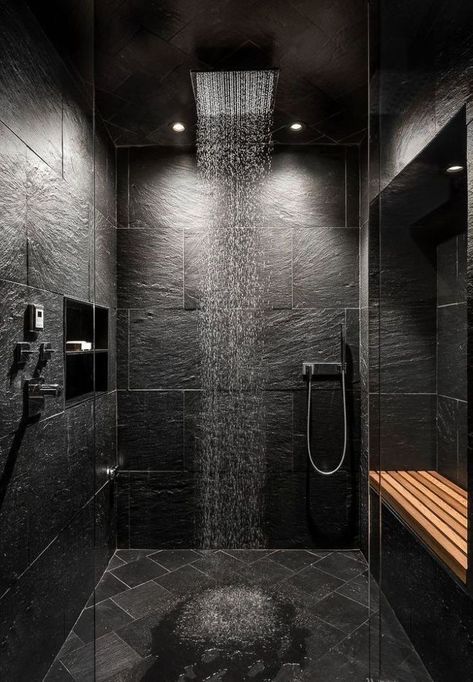 Black Tile Shower Ideas, Double Shower, Shower Bench, Black Shower, Black Tiles, Bathroom Inspiration Decor, Dark Interiors, Shower Tile, Dream Home Design