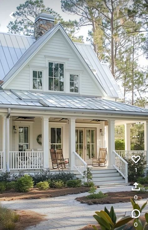 Southern Beach Cottage, Small Beach Cottage Exterior, White House Silver Roof, Rustic Beach House Exterior, Beach Cottage Style Exterior, Small Beach Cottage, Beach Cottage Exterior, Sugarberry Cottage, Rustic Beach House