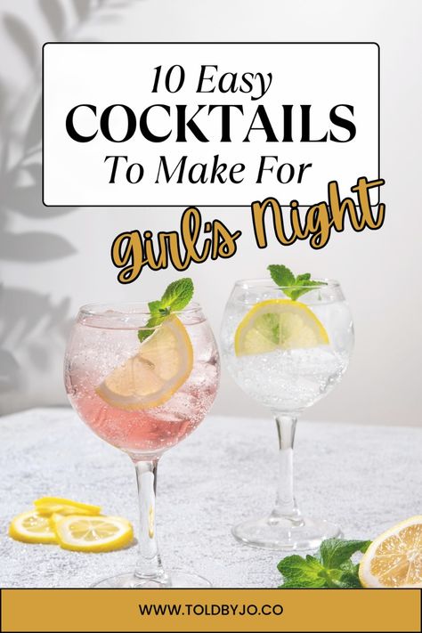 Easy cocktail recipes to try at your next girl's night that your friends will love. Simple drink recipes. Girls Night Cocktail Recipes, Cocktails For Girls Night, Girls Night Drinks Cocktails, Simple Drink Recipes, Girls Night In Food, Girls Night Cocktails, Happy Hour Ideas, Girls Night Drinks, Easy Mixed Drinks