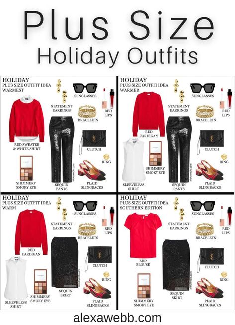 2024 Plus Size Holiday Outfits - Alexa Webb Plus Size Sequin Skirt, Plus Size Holiday Outfits, Holiday Party Outfit Casual, Holiday Party Outfit Work, Church Outfit Casual, Red Cashmere Sweater, Red Short Sleeve Blouse, Casual Holiday Party, Alexa Webb