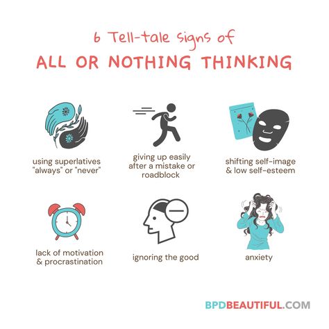 6 tell-tale signs of all or nothing thinking #repost - is this relatable? 🌺// Guided meditations, printables for symptoms, BPD books, peer support & more @bpdbeautiful.blog - link in bio. . . . #bpdbeautiful #bpdrecovery #bpdwarrior #bpdlife #bpdthings #borderlinepersonalitydisorder #bpdsurvivor #bpdcommunity #bpdthoughts #bpdblogger #bpdchat #bpdawareness #bpd #bpdstigma #actuallybpd #bpdsupport #bpdblog #eupdblog #bpdblogger #eupd #eupdblogger #emotionallyunstablepersonalitydisorder #eupd All Or Nothing Thinking, Therapy Skills, Bpd Symptoms, Peer Support, Lack Of Motivation, Self Image, Low Self Esteem, All Or Nothing, Guided Meditation