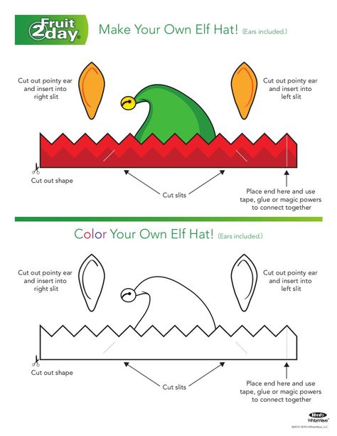 Download the template and turn your Fruit2day bottle or any household object into a holiday elf! Elf Hat Template, Paper Elf, Elf Crafts, Hat Template, Christmas Kindergarten, Christmas Concert, Christmas School, Elf Hat, Preschool Christmas