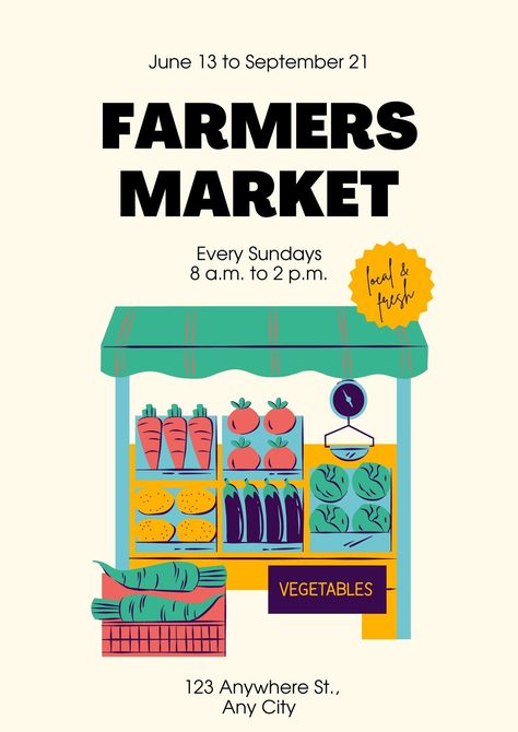 Beige Green Simple Farmers Market Poster - Templates by Canva Farmers Market Poster Graphic Design, Farmer Market Illustration, Farmers Market Color Palette, Food Market Poster, Farm Poster Design, Promo Design Poster, Farmers Market Branding, Farmers Market Illustration, Farmers Market Design