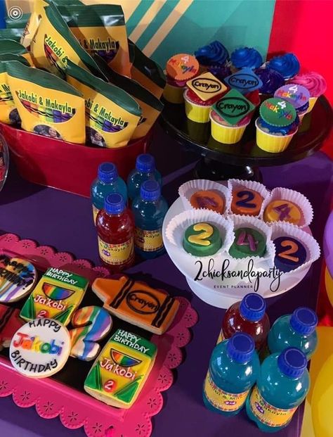 Crayon Themed Birthday Party Crayon Party Ideas, Crayola Birthday Party Decorations, Crayola Themed Birthday Party, Crayon Theme Birthday Party, Crayon Birthday Party, Crayola Birthday Party, Crayola Party, Peanuts Birthday Party, Crayon Birthday Parties