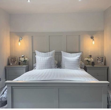 Dark Grey Bedroom Panneling, Grey Panelled Bedroom, Panelled Feature Wall Bedroom, Small Bedroom Panelling Ideas, Bedroom Panelling Colour Ideas, Grey Panelling Bedroom, Paneled Walls Bedroom, Panelling Behind Bed, White Room Decor Bedroom