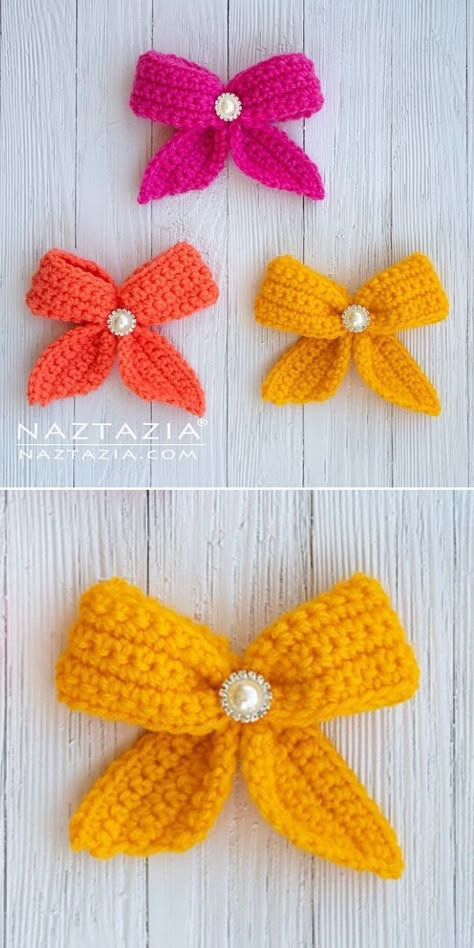 Crochet Bow Hat Free Pattern, Bow Hat Crochet Pattern, Crochet Dog Hair Bows, Small Crochet Bow Pattern Free, Free Crochet Patterns For Small Flowers, Crocheted Hair Bows, How To Crochet A Bow For A Hat, Amigurumi Bow, Crochet Christmas Bows Free Pattern