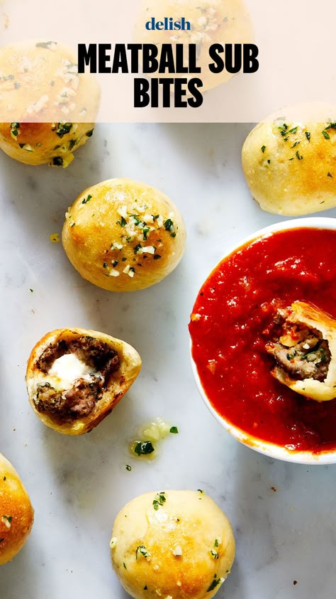 We found yet another use for pizza dough! Meatball Sub Bites Delish, Meatball Sub Bites, Christmas Snack Recipes, Cooking Projects, Chicken Items, Mozzarella Stuffed Meatballs, Breakfast Muffin, Meatball Sub, Man Cake