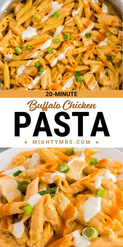 This 20-minute buffalo chicken pasta has all the flavors you love from buffalo chicken combined with pasta. Chicken and penne pasta tossed in a creamy, cheesy Buffalo sauce then drizzles with ranch dressing and garnished with green onions. Serve with the classic celery, carrots and cool ranch and you've got a full meal in just 20 minutes! Buffalo Chicken Pasta Canned Chicken, Dump And Bake Buffalo Chicken Pasta, Chicken And Penne Pasta, Buffalo Chicken Pasta Bake, Buffalo Chicken Pasta Salad, Chicken Ranch Pasta, Spicy Buffalo Chicken, Easy Buffalo Chicken, Buffalo Chicken Pasta