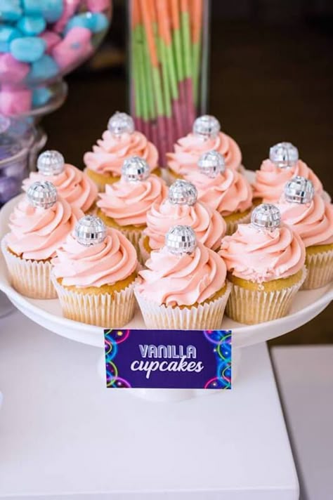 Dance Party Cupcakes, Disco Ball Party Food, Last Disco Birthday Party, Disco Ball Birthday Party Ideas, 70th Disco Birthday Party Ideas, Pink Disco Cupcakes, Disco Party Cupcakes, 70s Cake Ideas Disco Party, Pink Disco Party Cake