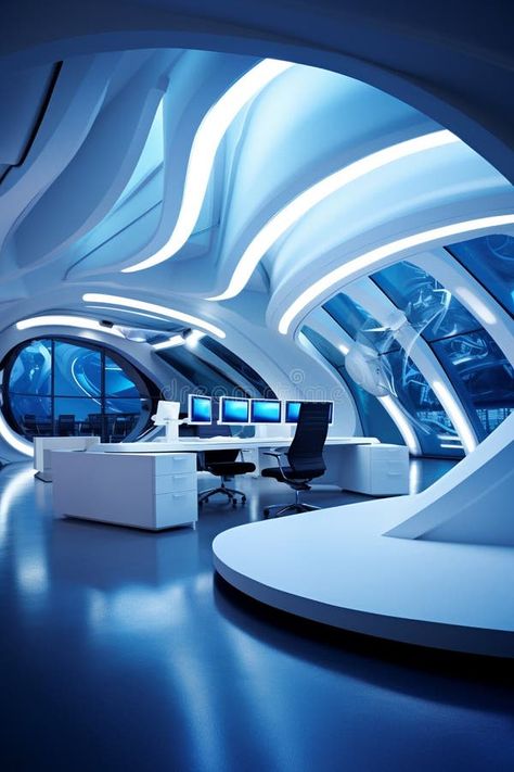 Futuristic office interior. generative ai royalty free stock images Retro Futurism Office Interior, High Tech Interior Design, Futuristic Office Interior, Futuristic Laboratory, Futuristic School, High Tech Interior, Futuristic Office, Futuristic Interior Design, Modern Home Offices