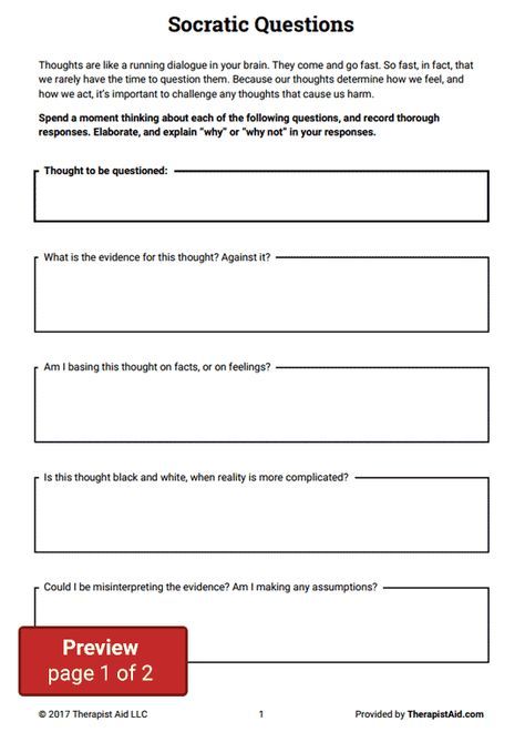 Cognitive Restructuring: Socratic Questions Preview Cognitive Distortions Worksheet, Cognitive Restructuring, Socratic Method, Cbt Worksheets, Counseling Worksheets, Cbt Therapy, Self Esteem Worksheets, Clinical Social Work, Motivational Interviewing