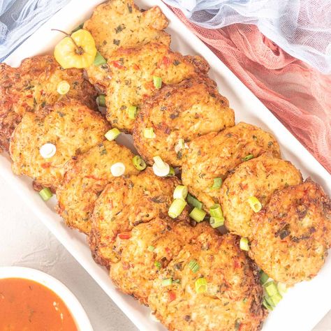 Caribbean Salt Fish Cakes are so full of flavor. Also known as Accra, they are a delicious blend of salt cod and flavorful aromatics. Cod Fish Cakes Recipe, Cod Fish Fritters, Buttered Cod, Fish Cake Recipe, Fish Fritters, Cod Fish Cakes, Salted Cod, Fish Patties, Fish Cakes Recipe