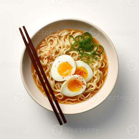 Food photography of Ramen on white bowl isolated on white background. Generative AI Ramen Cup Drawing, Ramen Food Photography, Food Photography White Background, Ramen Bowl Aesthetic, Food Cover Photo, Korean Food Photography, Ramen Packaging, Ramen Photography, Chinese Ramen