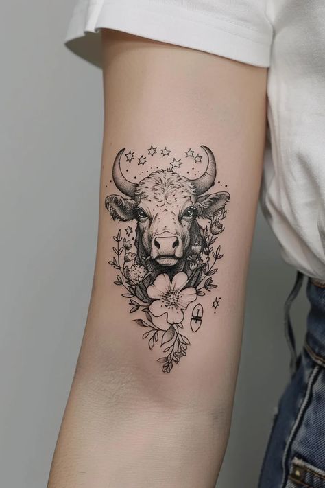 Cow Tattoo With Flowers, Leo Inspired Tattoos, Bull With Flowers, Funny Stories To Tell, Bull Tattoo, Tattoo 2024, Cow Tattoo, Tattoo Flowers, Bull Tattoos