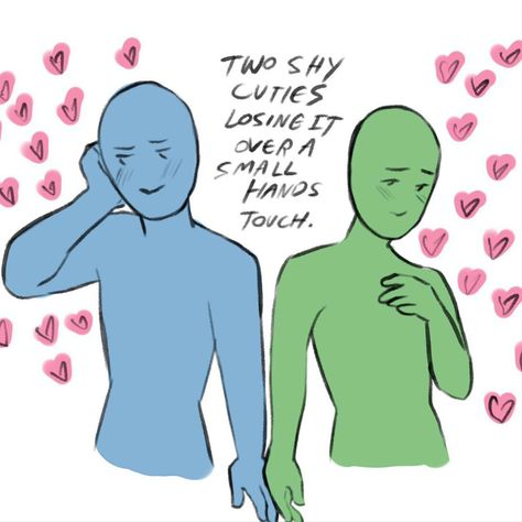 In this portrayal of a 'mutual pining' ship dynamic, two characters' deep and undeniable affection for each other is evident as they brush hands, causing both to blush and smile bashfully. The palpable romance and unspoken longing between them add a tender depth to their connection. Couple Ship Dynamics Cute, Cute Couple Dynamics, Dynamic Ships, Ship Tropes, Mutual Pining, Character Dynamics, Ship Dynamic, Ship Dynamics, Character Tropes