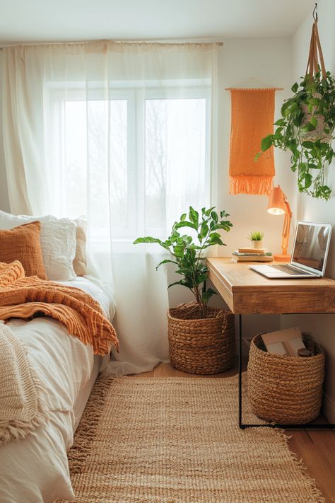 Transform your small dorm into a boho haven with this cozy and relaxing study space! 🌿 Ideal for colleges, this aesthetic decor features earthy tones in beige and burnt orange, lush plants, and a warm color scheme that makes studying a breeze. Perfect for vintage dorm room ideas, this boho dorm room setup combines cozy bedroom vibes with a peaceful, boho beachy study area. Boho Bedroom With Desk, Boho Bedroom Color Schemes, Vintage Dorm Room Ideas, Burnt Orange Rooms, Vintage Dorm Room, Boho Dorm Room Decor, Orange Room Decor, Boho Dorm Room Ideas, Dorm Room Setup