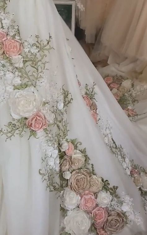 Wedding Dresses 3d Flowers, Garden Wedding Dresses, Floral Wedding Dress, V Neck Wedding Dress, Dream Wedding Ideas Dresses, Fantasy Gowns, A Wedding Dress, Embroidered Wedding, Ball Gowns Prom