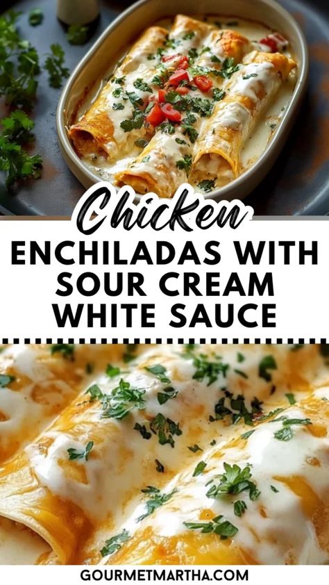 Looking for a creamy, comforting meal that’s bursting with flavor? These Chicken Enchiladas with Sour Cream White Sauce are a perfect blend of cheesy goodness and savory chicken, wrapped in soft tortillas. This easy-to-make dish will be your new go-to for weeknight dinners or weekend gatherings. Craving something new? Get the recipe here  #ChickenEnchiladas #SourCreamSauce #MexicanFood #EasyDinner #CheesyEnchiladas #WeeknightMeals #ComfortFood #FamilyDinners #DinnerIdeas #TastyMexicanRecipes Sour Cream Enchiladas Chicken, Sour Cream Sauce For Enchiladas, Chicken Enchiladas White Sauce, Traditional Mexican Food Recipes, Enchiladas With Sour Cream Sauce, Chicken Enchiladas With White Sauce, Traditional Enchiladas, Sour Cream Enchilada Sauce, Chicken Enchiladas With Sour Cream