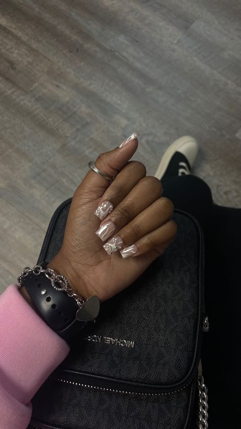 nails, short set, square, abstract, bra, pearls, charms, white, pink, ricks, Rick owens, pandora Simple Acrylic, Hard Nails, Expensive Gifts, Inspired Nails, Simple Acrylic Nails, Short Square Acrylic Nails, Nail Sets, Really Cute Nails, Glam Nails