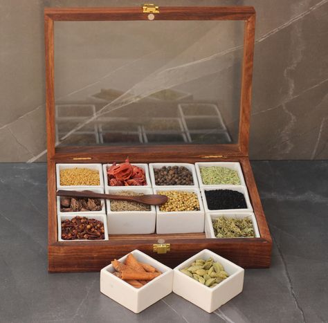 Spices Box Design, Cinderella Kitchen, Diy Wood Projects For Men, Masala Dabba, Dinnerware Set Modern, Ceramic Containers, Spice Organizer, Indian Masala, Instant Tea