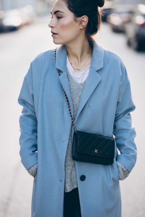 Outfit: Baby Blue | Chanel WOC, Jake*s Coat Peek & Cloppenburg, Zara Biker Boots, Closed Velvet Pants | you rock my life Woc Chanel Outfit, Blue Chanel Bag Outfit, Baby Blue Bag Outfit, Light Blue Bag Outfit, Chanel Woc Outfit, Blue Handbag Outfit, Woc Outfit, Blue Bag Outfit, Chanel Bag Outfit