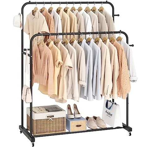 Limited-time deal: Laiensia Double Rods Garment Rack with Wheels, Clothing Rack for Hanging Clothes,4 Hooks, Multi-functional Bedroom Clothes Rack, Black Bedroom Clothes Rack, Portable Clothes Rack, Storing Shoes, Rolling Rack, Laundry Rack, How To Store Shoes, Garment Rack, Closet Accessories, Clothes Drying Racks