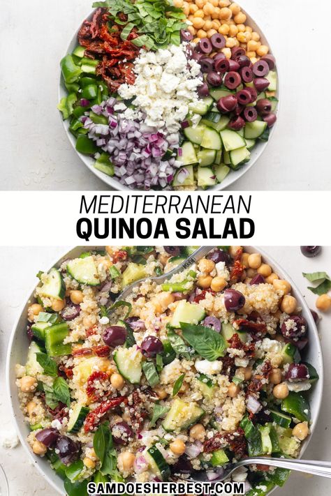 Fresh and flavorful mediterranean quinoa salad! This simple salad recipe is loaded with healthy veggies and tossed in a simple lemon dressing. Quinoa, chickpeas, olives, sundried tomatoes, basil, and feta - what's not to love?! Mediterranean Recipes Healthy, Mediterranean Quinoa, Power Salad, Mediterranean Quinoa Salad, Sundried Tomatoes, Salad Healthy, Quinoa Salad Recipes, Veggie Salad, Healthy Veggies