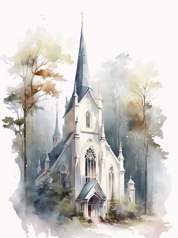 size: 12x9in Art Print: Catholic Church by Lana Kristiansen : Church Painting, Church Watercolor Painting, Church Painting On Canvas, Old Church Drawing, Watercolor Cathedral, Old Churches Aesthetic, Chapel Watercolor, Church Artwork, Irish Country