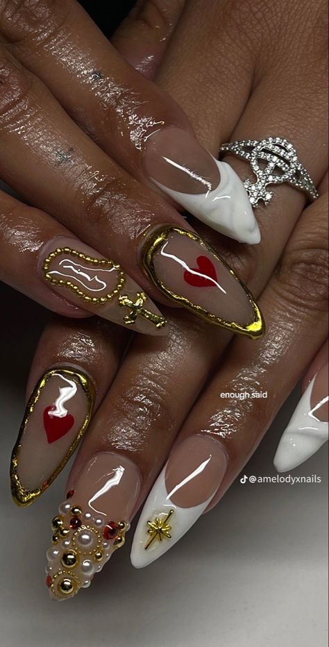 French Tip Red, 3d Gel Nail Art, Gold Toe Nails, Cross Nails, Girly Acrylic Nails, Unique Acrylic Nails, Gold Tips, Gorgeous Christmas, Dream Nails