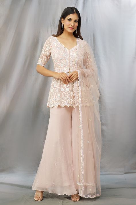 Shop for Shlok Design Peach Organza Kashmiri Aari Embroidered Kurta Sharara Set for Women Online at Aza Fashions Indowestern Outfits Casual Women, Sharara Designs Simple, V Neck Kurta, Dress Designs For Stitching, Embroidered Sharara, Design Kurta, Sharara Designs, Indian Wedding Gowns, Kurta Sharara Set