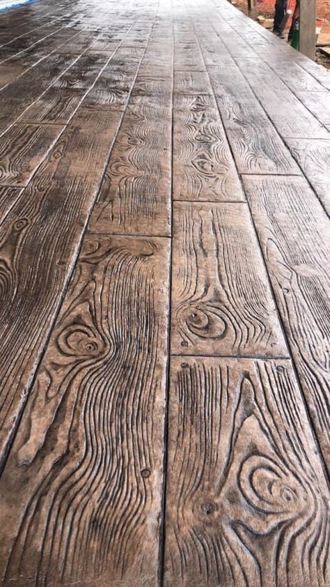 Stamped Concrete To Look Like Wood, Stained Concrete Wood Look, Stamping Concrete Patio, Concrete Wood Floor Stamped, Concrete Floor Stamping, Wood Stamped Concrete Porch, Stamped Interior Concrete Floors, Wood Plank Concrete Stamp, Wood Grain Stamped Concrete