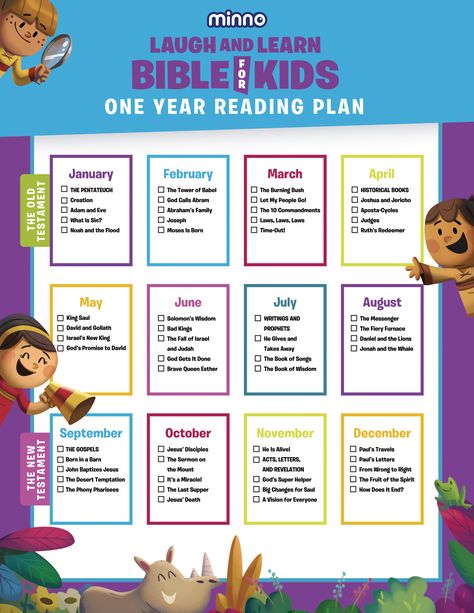 One-Year Bible Reading Plan for Kids and Families — Minno Parents Bible Reading For Kids, Kids Bible Reading Plan Free Printables, Kids Bible Reading Plan, Year Bible Study Plan, Yearly Bible Reading Plan, Bible Reading Plan For Kids, One Year Bible Reading Plan, Teacher Meeting, Chronological Bible Reading Plan