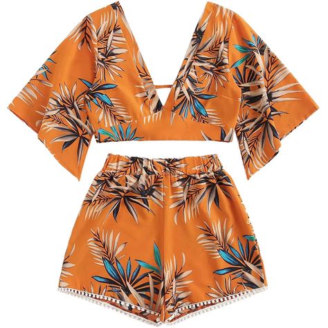 Crop Top With Shorts, Tropical Print Top, Boho Butterfly, Top With Shorts, Boho Crop Tops, Front Crop Top, Wrap Crop Tops, Butterfly Sleeve, Crop Top And Shorts