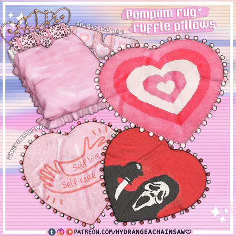 Sims 4 Cc Alpha Furniture, Sims 4 Cc Heart, Sims 4 Cc Bedroom Patreon, Sims 4 90s Cc, Ruffle Pillows, 90s Furniture, Heart Pompom, Sims Dress, Pompom Rug