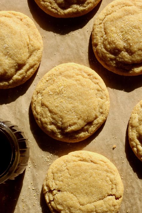 yellow cornmeal cookies on a sheet pan lined with parchment paper Brown Butter Corn Cookies, Honey Cornbread Cookies, Honey Butter Cornbread Cookie, Corn Meal Cookies, Cornbread Cookie Recipe, Honey Baked Goods, Cornbread Dessert Recipes, Cornbread And, Desserts With Honey