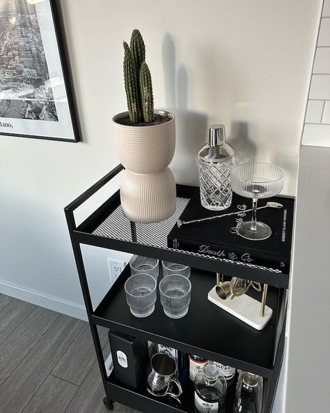 Men Bar Cart Ideas, Black Bar Cart Decor, Black Bar Cart Aesthetic, Black Bar Cart Styling, Small Apartment Decorating On A Budget, Guys Apartment Decor, Black And White Bar Cart, Apartment Decor Black, Black Bar Cart