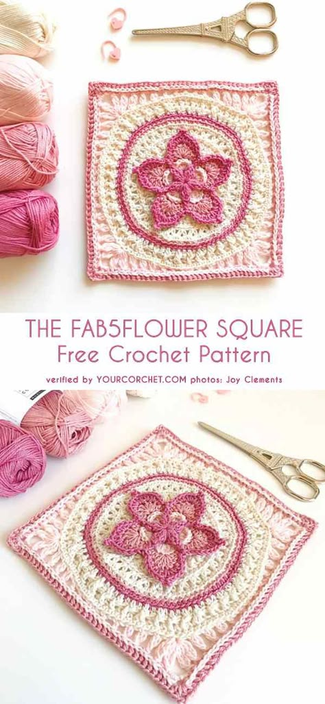 The Fab5Flower Square Free Pattern Hekel Blokke, Crochet Shapes, Crochet Graphgan, Crochet Decorations, Granny Square Crochet Patterns Free, Crochet Motif Patterns, Crochet Fun, Crochet Quilt, Crochet Snowflakes