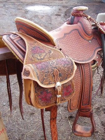 there is so much to love about this. I've never seen such pretty saddle bags. Painted Saddle, Horses Tack, Custom Saddle, Hot Seat, Cowboy Gear, Western Saddles, Western Horse Tack, Western Tack, Cowboy Horse