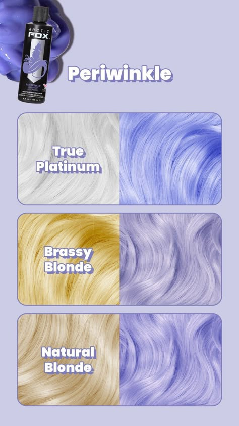 pastel, hair levels, hair dye, 2024 hair trends, colors for blonde hair Arctic Fox Periwinkle, Periwinkle Hair, Fox Hair Color, Brassy Blonde, Fox Hair, Arctic Fox Hair Color, Brown Hair Inspo, Lilac Hair, Bright Hair