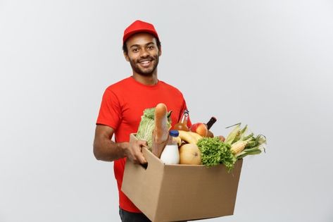 Delivery concept - handsome african amer... | Free Photo #Freepik #freephoto #background #food #people #paper Grocery Store List, Grocery Delivery App, Gourmet Food Store, Restaurant Website, Grocery Foods, Num Num, Halal Recipes, Delivery App, Buying Groceries