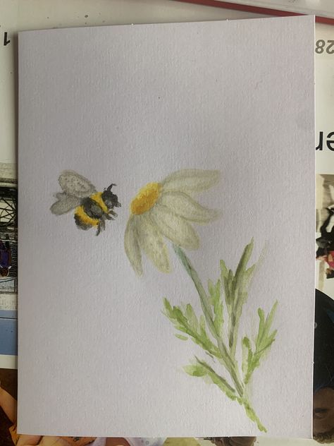 Freehand Watercolor Painting, Nature Drawing Ideas Watercolour, Bumble Bee Painting Easy, Bee On A Flower Painting, Bee Drawings Simple, Painted Bumble Bees, Bumblebee Painting Easy, Bumble Bee Painting Acrylic Easy, Simple Nature Watercolor