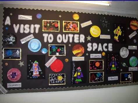 Outer space classroom display photo - Photo gallery - SparkleBox Space Bulletin Boards, Struktur Teks, Tata Surya, Space Theme Classroom, Space Lessons, Space Preschool, Space Classroom, Space Unit, Outer Space Theme