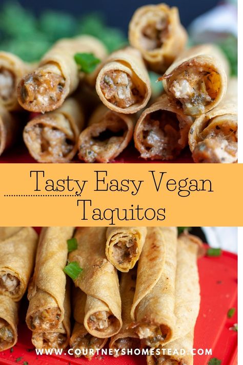 Vegan Taquitos - Courtney's Homestead Vegan Taquitos, Veggie Dinners, Tofu Recipes Easy, Gallbladder Surgery, Taquitos Recipe, Chicken Taquitos, Vegan Chicken, Veggie Dinner, Potluck Dishes