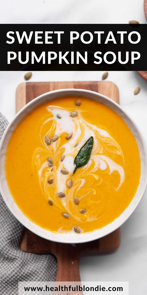 This comforting pumpkin sweet potato soup is creamy, healthy, and ready in under 30 minutes. The perfect cozy meal made with canned pumpkin, coconut milk, ginger, sage, and warm spices. It's gluten-free and vegan! Sweet Potato Soup Recipes Healthy, Dairy Free Tomato Soup, Pumpkin Sweet Potato Soup, Pumpkin Sweet Potato, Healthy Chicken Tortilla Soup, Blondie Recipes, Sweet Potato Soup Recipes, Coconut Milk Soup, Dinners Recipes